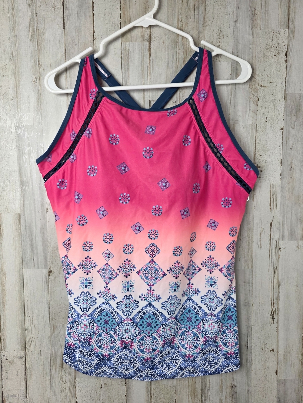 Free Country Mediterranean Tile Tankini Top Blue Pink Size 18
